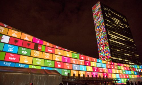 Ahead of the UN Sustainable Development Summit from 25-27 September, and to mark the 70th anniversary of the United Nations, a 10-minute film introducing the Sustainable Development Goals is projected onto UN Headquarters. UN Photo/Cia Pak